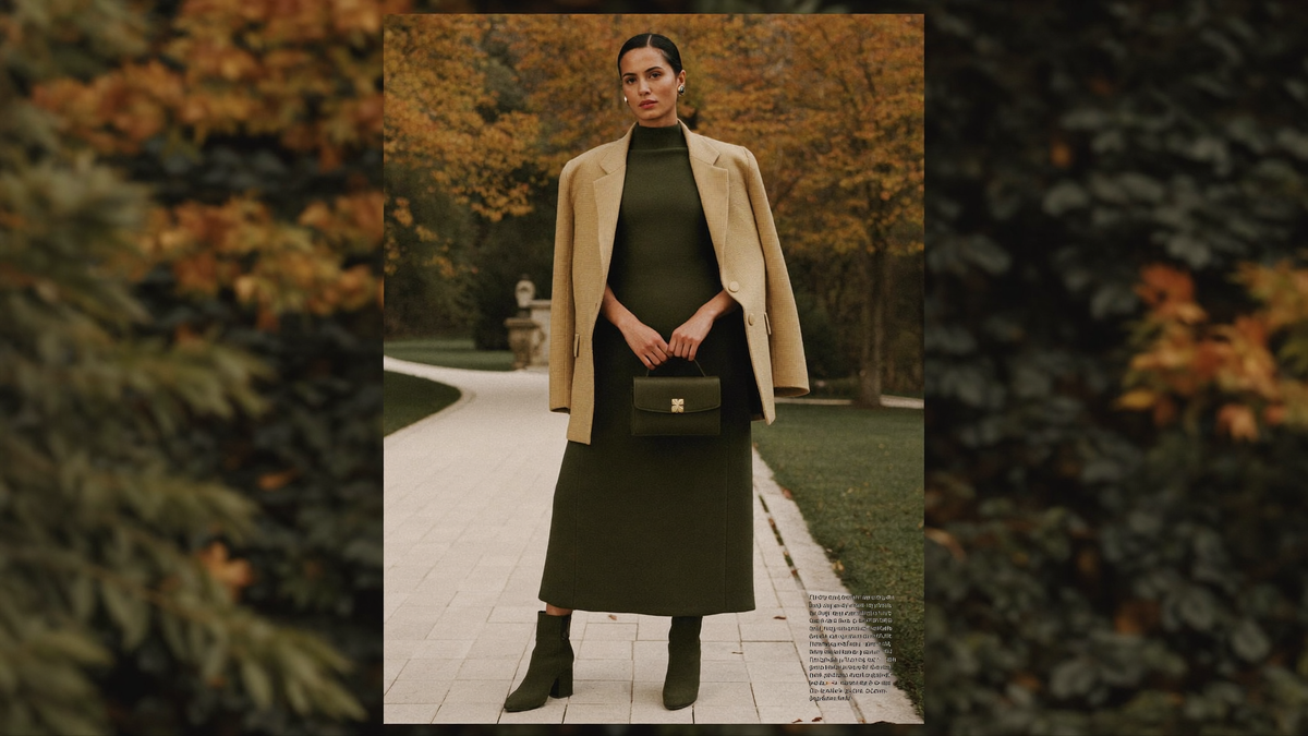 Bruiloft outfit gast dames najaar met olijfgroene midi jurk en blazer