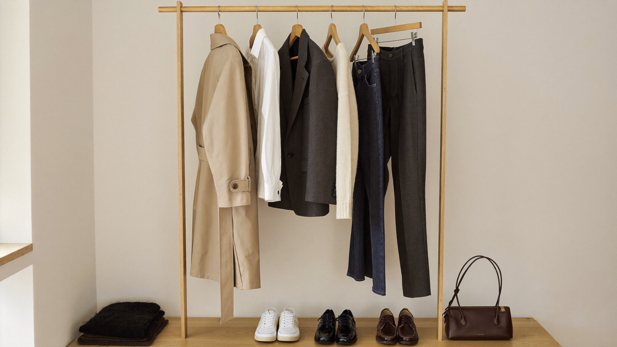 Capsule wardrobe kledingrek met trenchcoat, blazer, blouse en gebreide trui in neutrale tinten