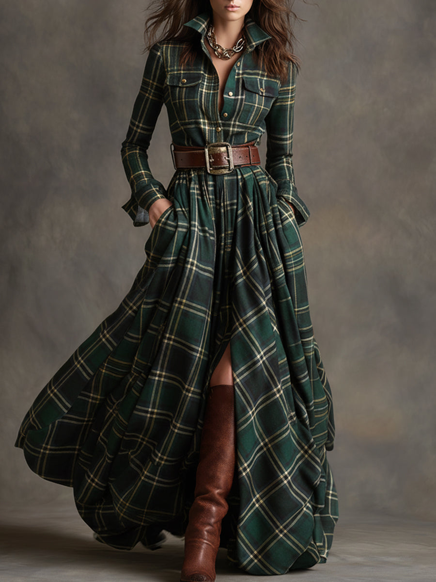 Jurk Dames Klassiek Hemdmodel Vintage Ruit - Viscose - Groen