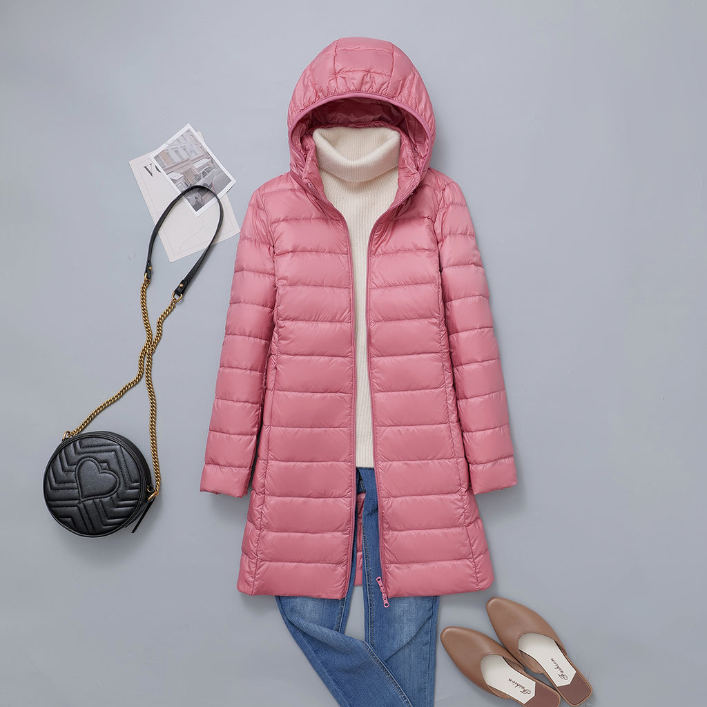 Jas Dames Midi Capuchon Lichtgewicht Donsjack
