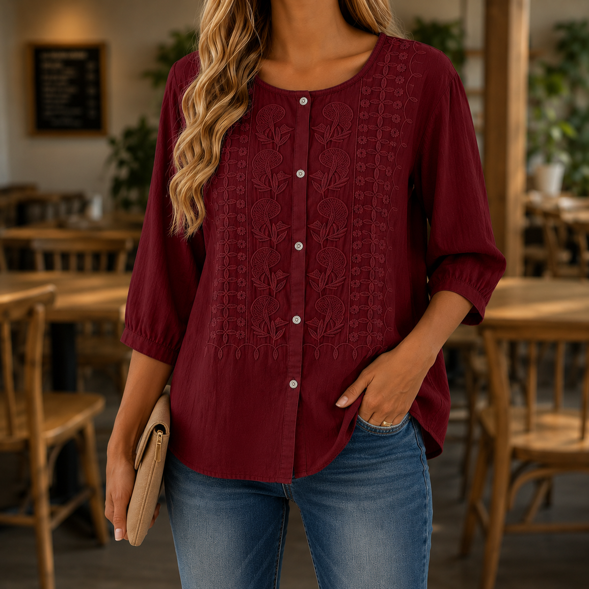 Blouse Dames Geborduurde Bloemen Luchtige Pasvorm - Katoen-Linnen
