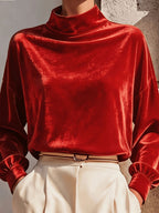 Velvet Top Dames met Col Lange Mouw – Losvallende Fluwelen Top