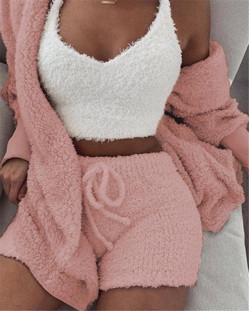 Nachtkleding Dames 3-Delig Fluweel Korte Broek & Crop Top