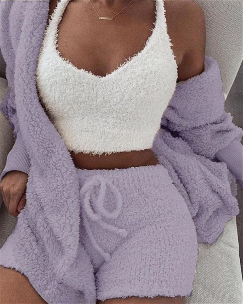 Nachtkleding Dames 3-Delig Fluweel Korte Broek & Crop Top