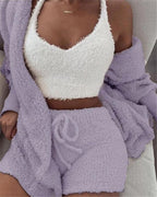 Nachtkleding Dames 3-Delig Fluweel Korte Broek & Crop Top