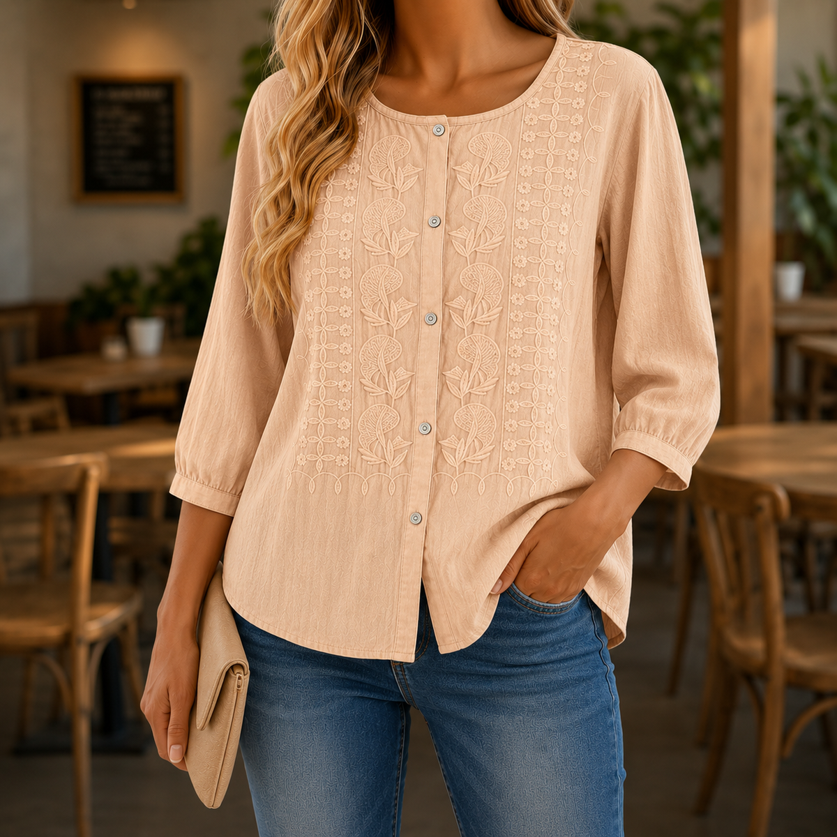 Blouse Dames Geborduurde Bloemen Luchtige Pasvorm - Katoen-Linnen - Perzik
