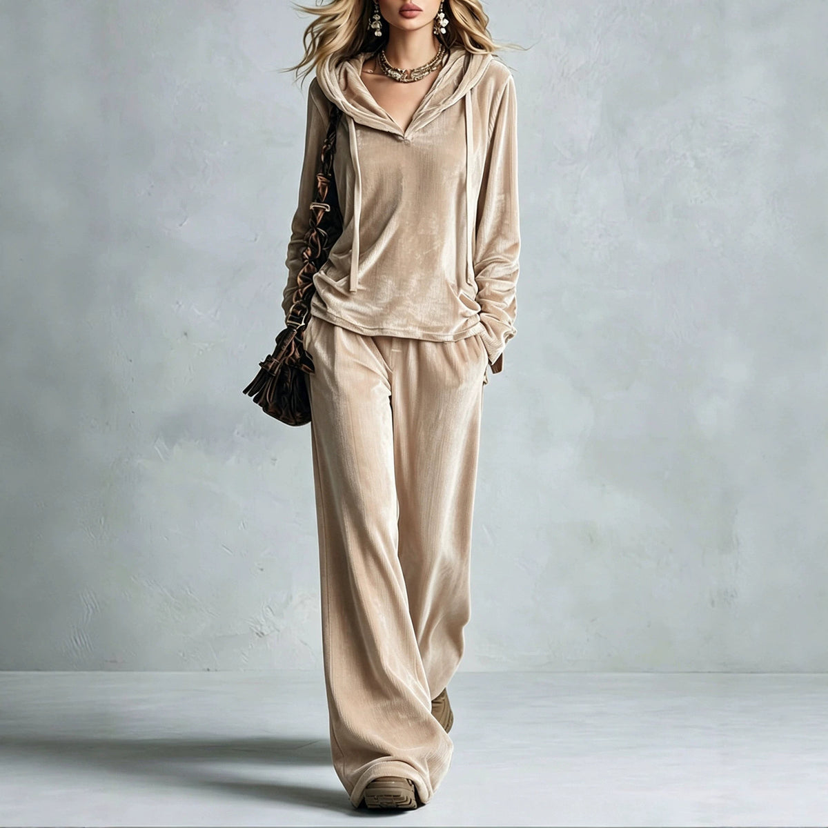 Co-ord set Dames Fluweel Capuchon Wijde Pijpen Lange Mouw