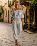 Jumpsuit Dames Open Schouder Veterdetail - Katoen - Grijs