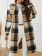 Jas Dames Lang Geruite Relaxed Fit Knoopsluiting