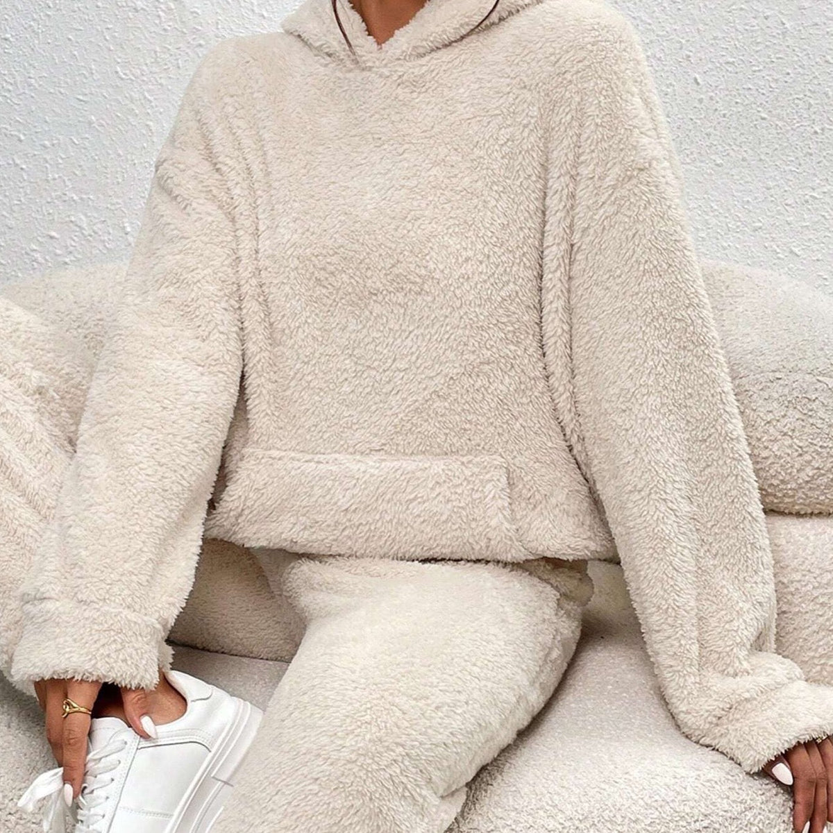 Nachtkleding Dames Teddy Hoodie Set Lange Broek Kangoeroezak