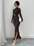 Jurk Dames Slim-fit Lange Mouw Spleet