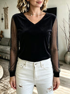 Glitter Top Dames Velvet met Mesh Mouwen – Feesttop met V-hals