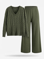 Co-ord set Dames Cable-Knit V-hals Wijde Pijpen Lang