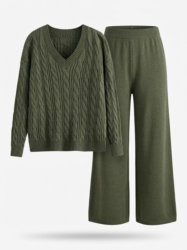 Co-ord set Dames Cable-Knit V-hals Wijde Pijpen Lang