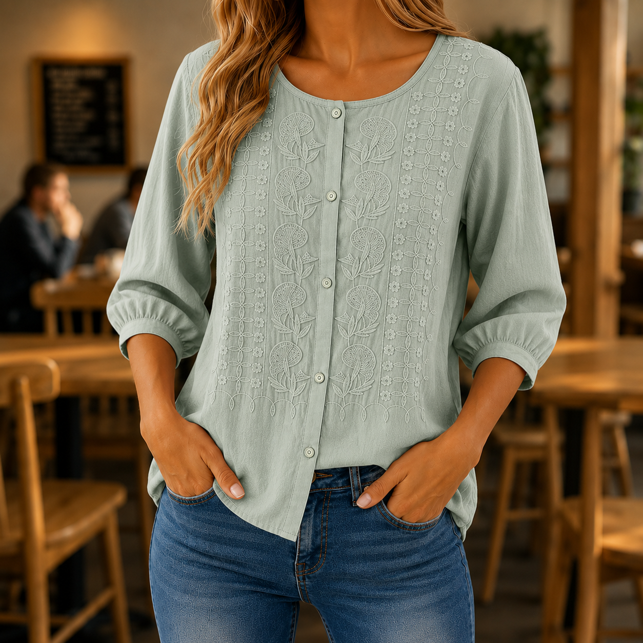 Blouse Dames Geborduurde Bloemen Luchtige Pasvorm - Katoen-Linnen - Lichtgroen
