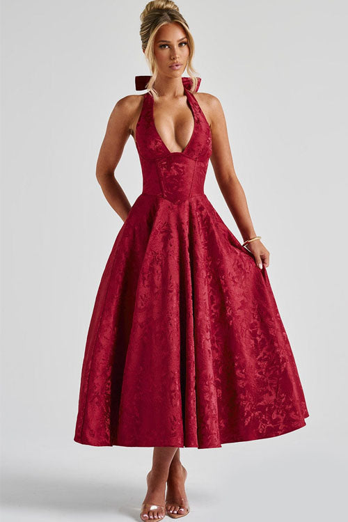 Jurk Dames Halterhals V-hals Maxi Bruiloftsgast - Chiffon - Wine Red