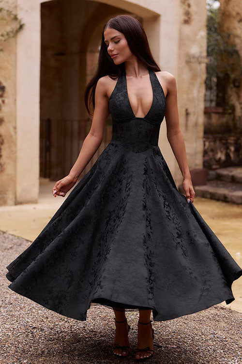 Jurk Dames Halterhals V-hals Maxi Bruiloftsgast - Chiffon - Zwart