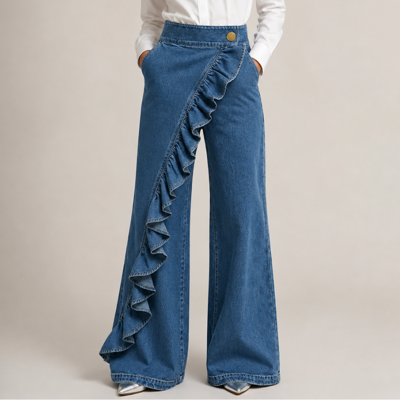 Jeans Dames Hoge Taille Wijde Pijpen Asymmetrische Volant