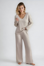 Nachtkleding Dames Geribde Lounge Set Tweedelig - Gebreid - Beige (Bijna uitverkocht)