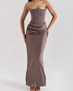 Jurk Dames Strapless Maxi Gedrapeerd - Chiffon - Bruin