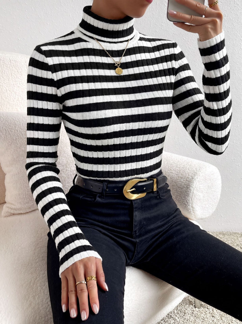 Trui Dames Slim Fit Coltrui Gestreept Lange Mouw