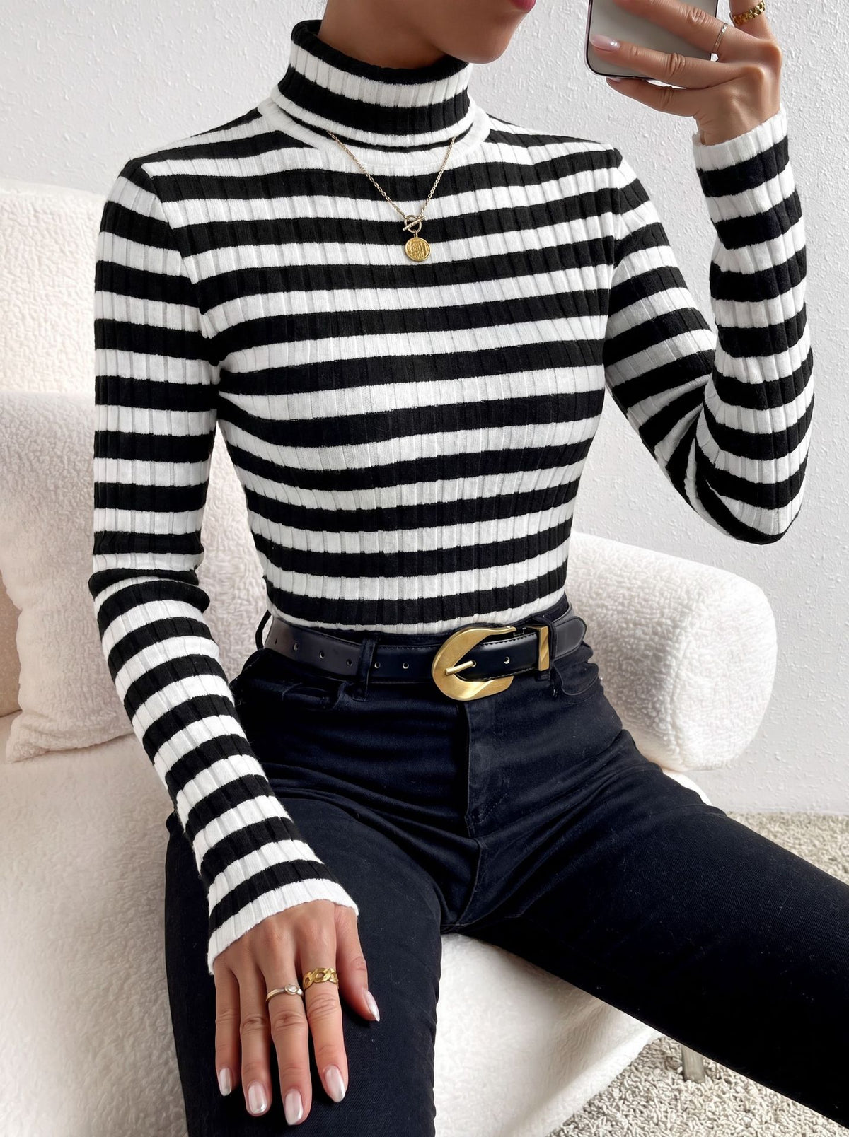Trui Dames Slim Fit Coltrui Gestreept Lange Mouw