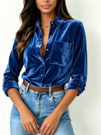 Velvet Top Dames Blouse Lange Mouw – Fluwelen Feestblouse