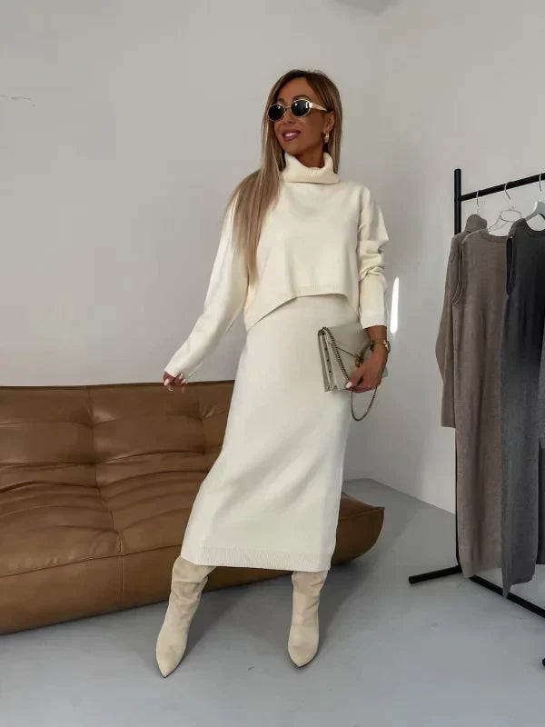 Jurk Dames Herfst Winter Midi Coltrui Set - Gebreid - Crème