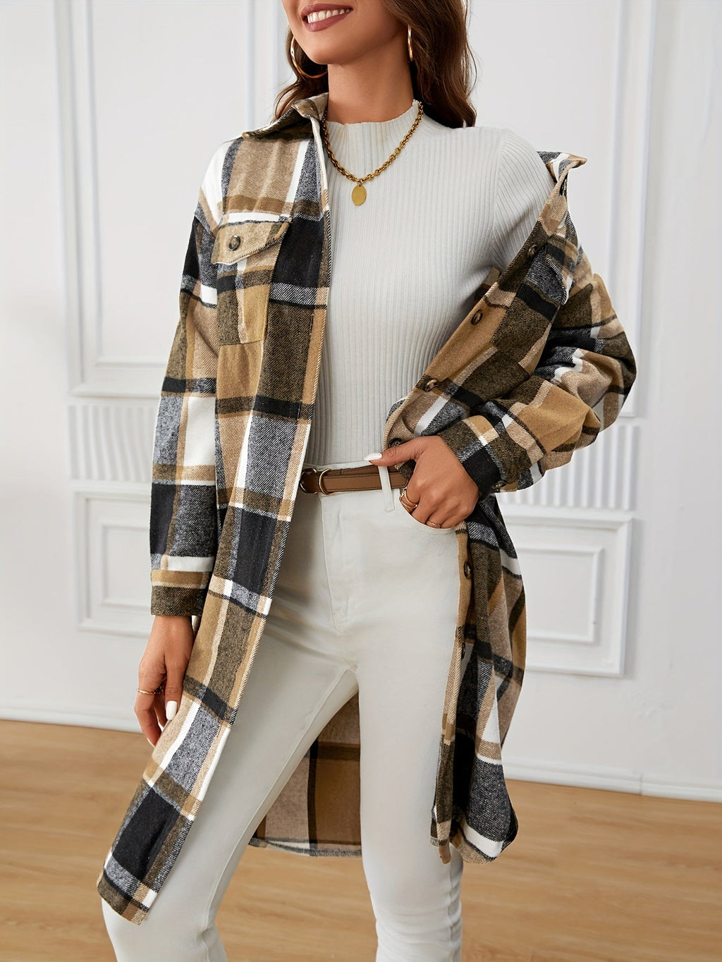 Jas Dames Lang Geruite Relaxed Fit Knoopsluiting