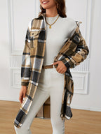 Jas Dames Lang Geruite Relaxed Fit Knoopsluiting