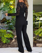 Jumpsuit Dames Kanten Overlay V-Hals Lange Mouw
