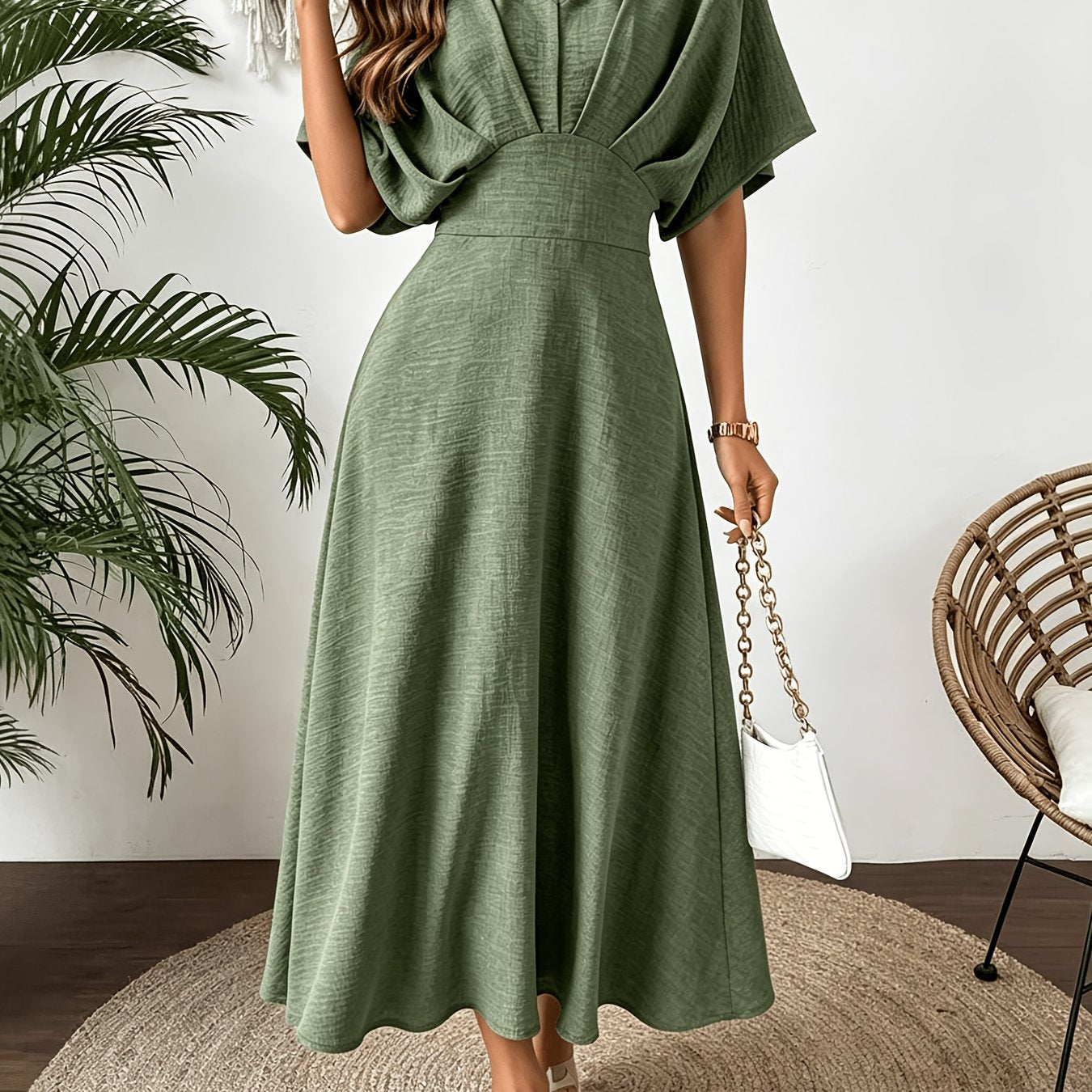 Jurk Dames Midi Vleermouwen V-hals A-lijn - Viscose