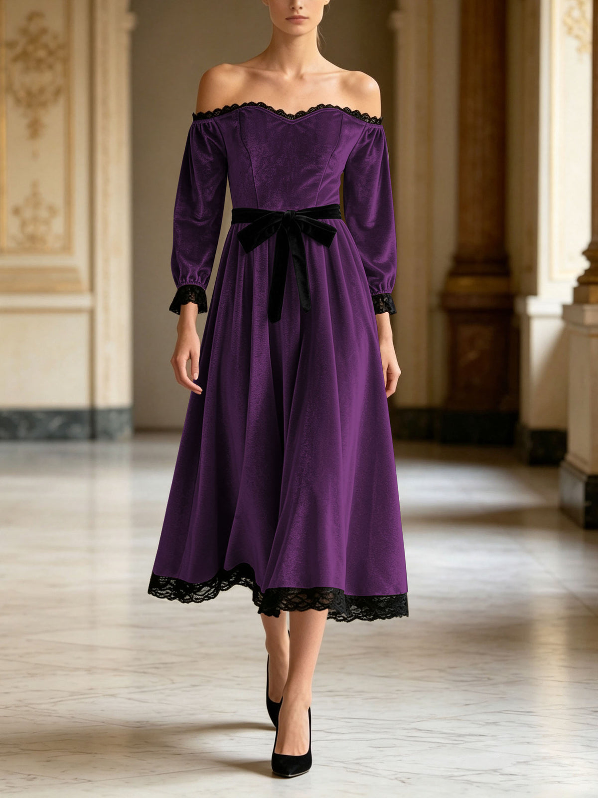 Fluwelen Jurk Dames Off Shoulder Midi met Kanten Rand – Feestjurk