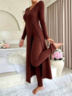 Miss | Loungeset Dames Ribgebreid Lang Vest Splitdetail