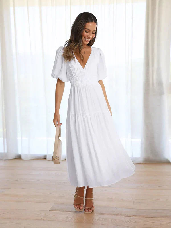 Miss | Jurk Dames Midi V-hals Pofmouwen - Chiffon