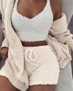 Nachtkleding Dames 3-Delig Fluweel Korte Broek & Crop Top