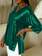 Glitter Blouse Dames V-hals Driekwart Mouw – Losvallende Feesttop