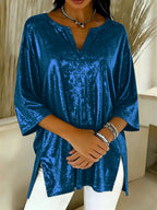 Glitter Blouse Dames V-hals Driekwart Mouw – Losvallende Feesttop