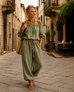 Jumpsuit Dames Open Schouder Veterdetail - Katoen - Groen