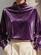 Velvet Top Dames met Col Lange Mouw – Losvallende Fluwelen Top