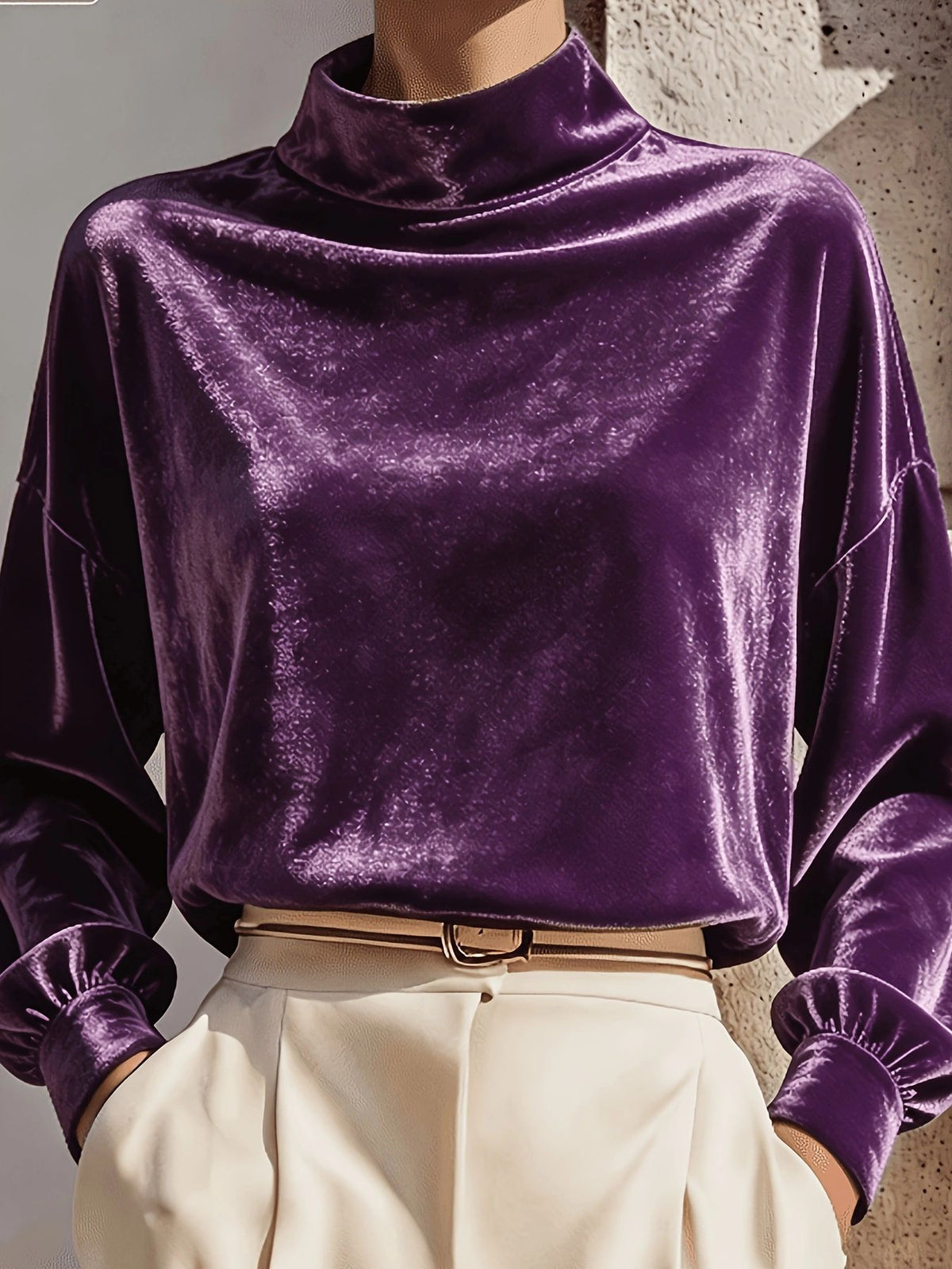 Velvet Top Dames met Col Lange Mouw – Losvallende Fluwelen Top