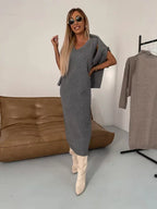Jurk Dames Herfst Winter Midi Coltrui Set - Gebreid - Grijs