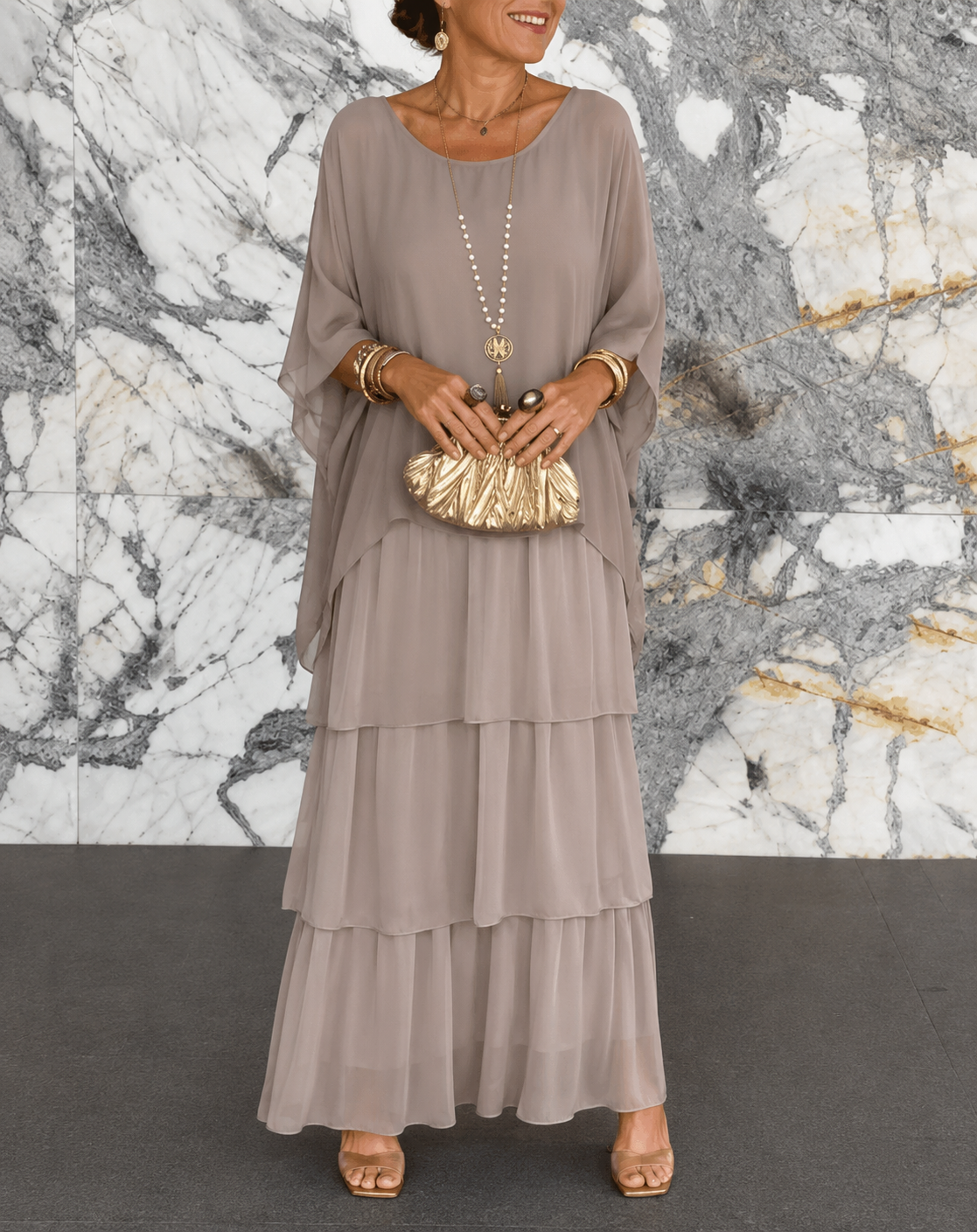 Jurk Dames Elegante Chiffon Maxi - Chiffon - Zilvergrijs