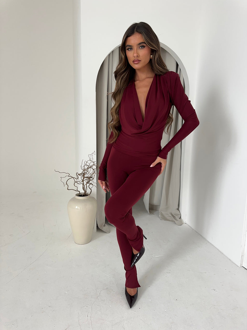 Top Dames Cowl Neck Drapé Lange Mouw Avond