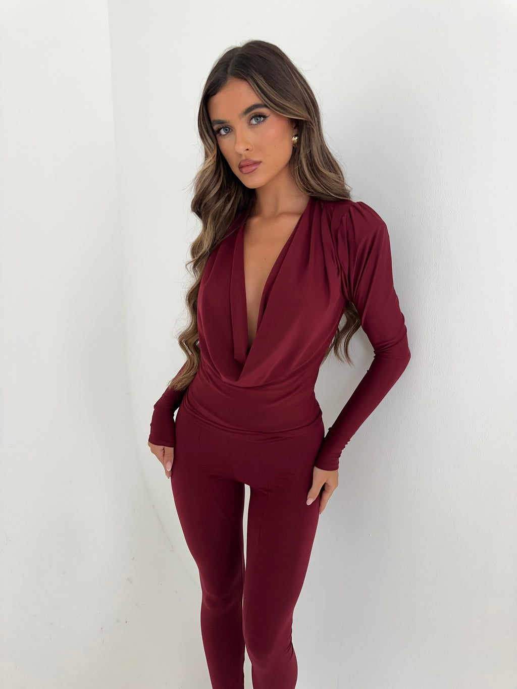 Top Dames Cowl Neck Drapé Lange Mouw Avond