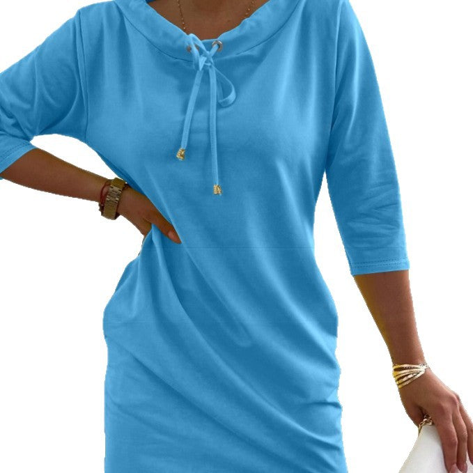 Jurk Dames Midi Hoge Taille Rechte Snit Lange Mouw