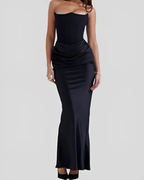 Jurk Dames Strapless Maxi Gedrapeerd - Chiffon - Zwart