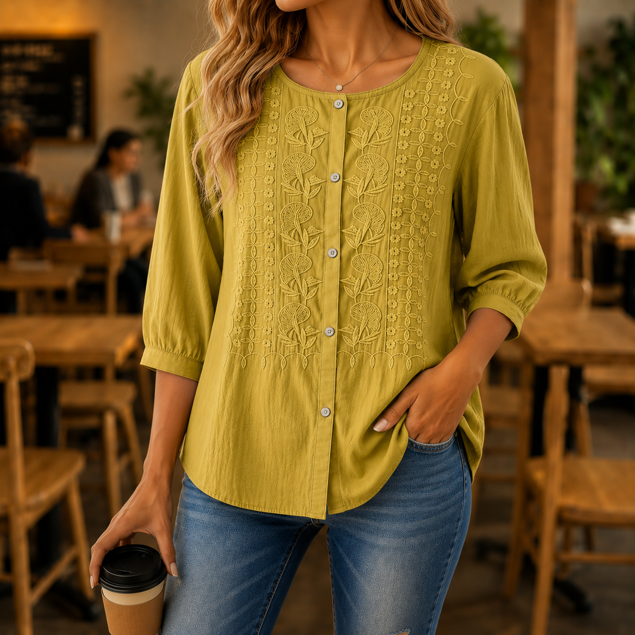 Blouse Dames Geborduurde Bloemen Luchtige Pasvorm - Katoen-Linnen - Geel