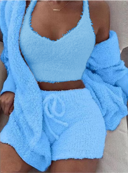 Nachtkleding Dames 3-Delig Fluweel Korte Broek & Crop Top
