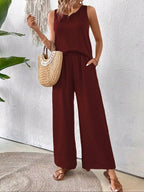 2 Pieces Set Women's Sleeveless Solid Color Back Hollow Lace Suit Summmer Trendy Casual Top Wide Leg Pants Set For Daily Wear Holiday Outfit